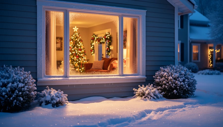 Warm electric window Christmas candles glowing in a house window at night