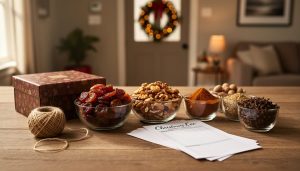 When to Lock In Your Xmas Plans: A Complete Timeline for Christmas Eve Traditions Cozy dining table with fruitcake ingredients, ornament supplies, and wrapped twine, representing early planning for Christmas Eve traditions.