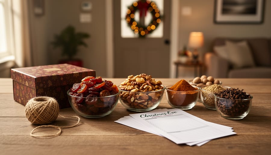 Cozy dining table with fruitcake ingredients, ornament supplies, and wrapped twine, representing early planning for Christmas Eve traditions.