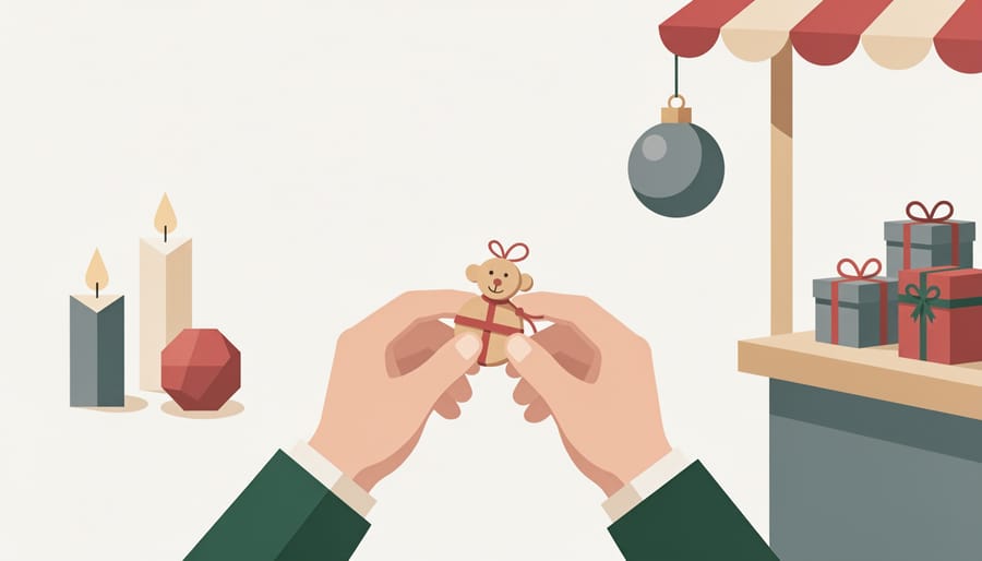 Close view of handcrafted wooden Christmas ornaments and a nativity display with an artisan’s hands adjusting an ornament.