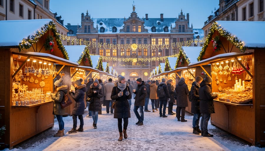 View of illuminated wooden stalls in a European Christmas market at dusk with shoppers in the square.