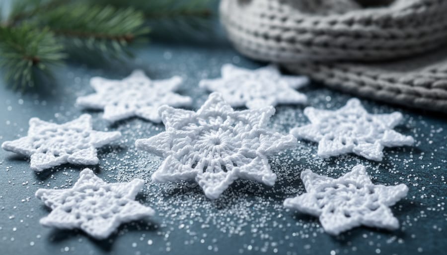 “Assorted finished white crocheted snowflakes with intricate lace texture arranged on a dark winter tabletop dusted with faux snow.”