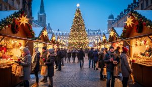 “Warmly lit wooden chalets in a European Christmas market square at winter twilight with a decorated Christmas tree and shoppers in festive clothing.”