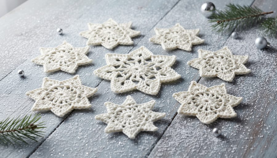 Assorted finished white crocheted snowflakes arranged on a dark winter surface