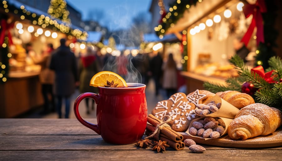 A person holding a steaming mug of mulled wine near gingerbread and roasted chestnuts at a Christmas market stall.
