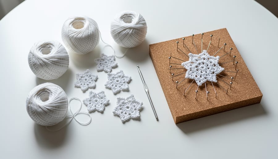 Crochet thread, small steel hook, and blocking pins arranged for making snowflake motifs